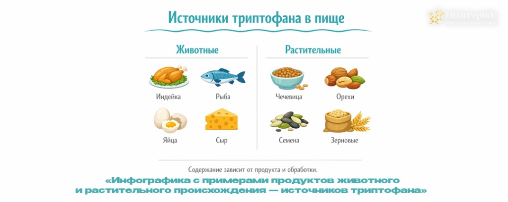 Инфографика с примерами продуктов животного и растительного происхождения источников триптофана.jpg Инфографика с примерами продуктов животного и растительного происхождения источников триптофана.jpg