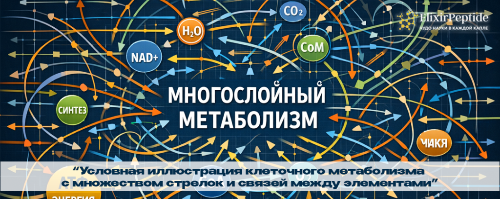 Условная иллюстрация клеточного метаболизма с множеством стрелок и связей между элементами.png Условная иллюстрация клеточного метаболизма с множеством стрелок и связей между элементами.png